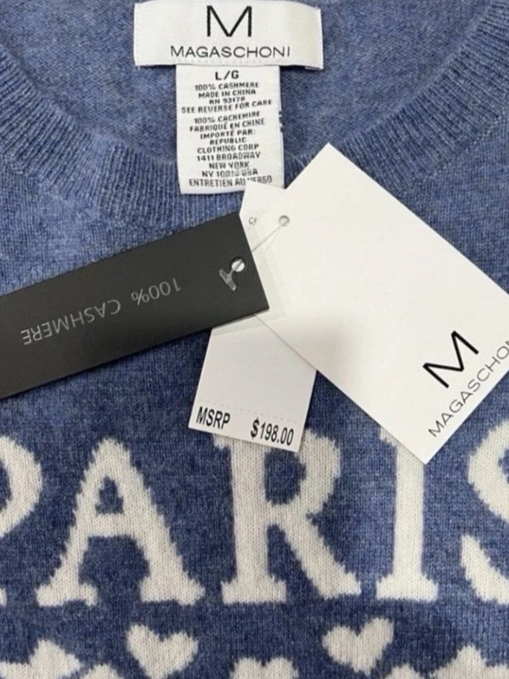 NWT MAGASCHONI 100% CASHMERE BLUE INTARSIAN KNIT 'PARIS WITH LOVE' SWEATER-LARGE - Picture 2 of 2